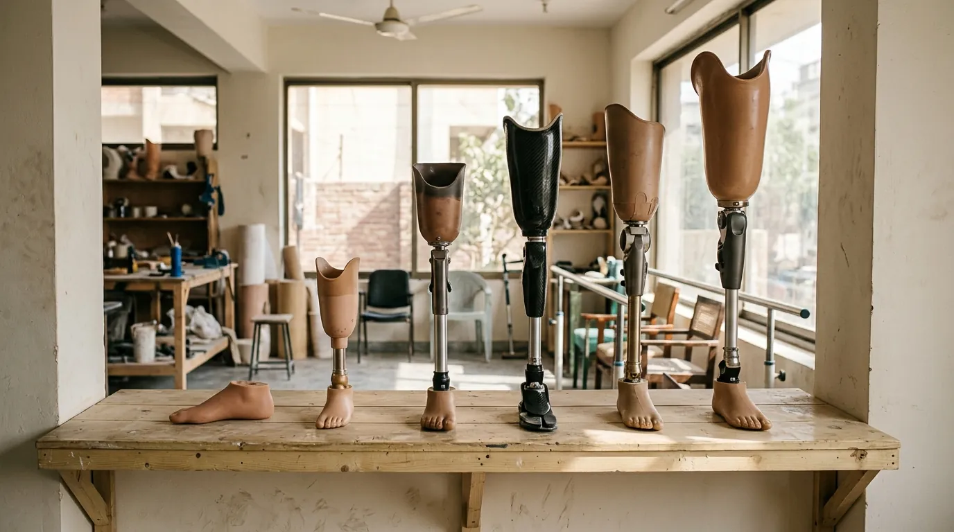 Six prosthetic legs in height order on a clinic shelf