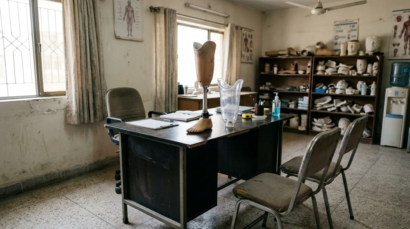 Consultation desk with a prosthetic leg and test socket