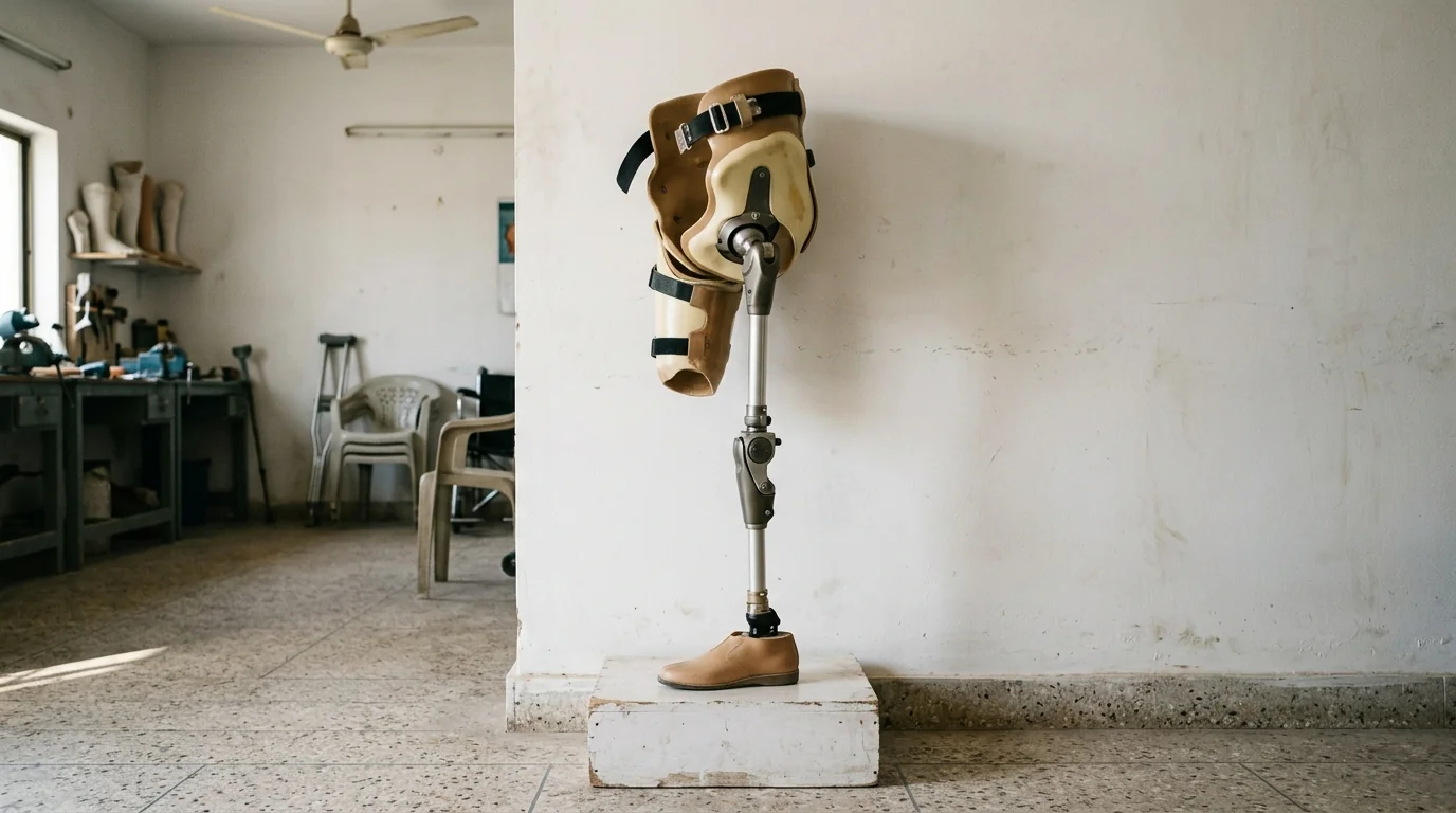 Hip disarticulation prosthesis on a display plinth