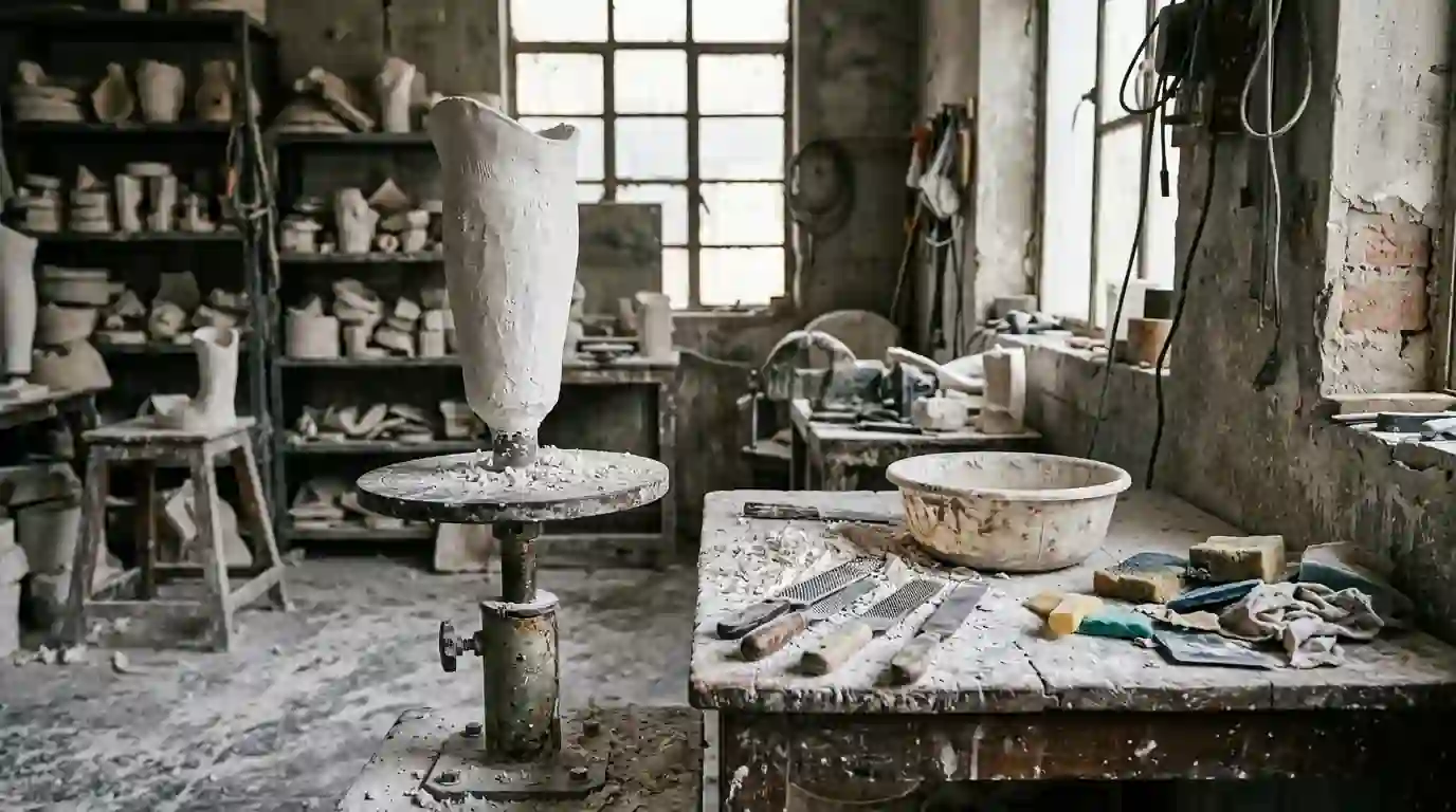 Plaster model of a stump on a rotating stand