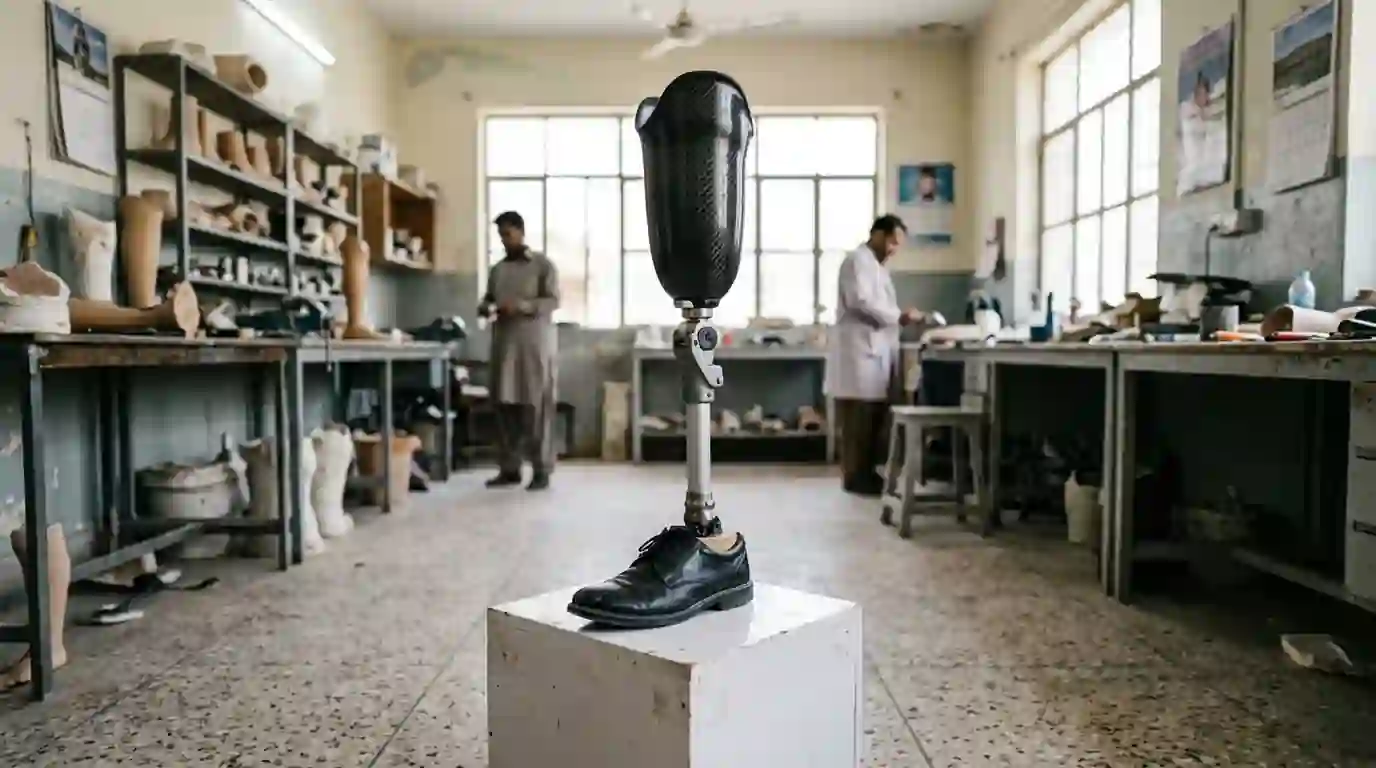 Finished below-knee prosthetic leg on a white plinth