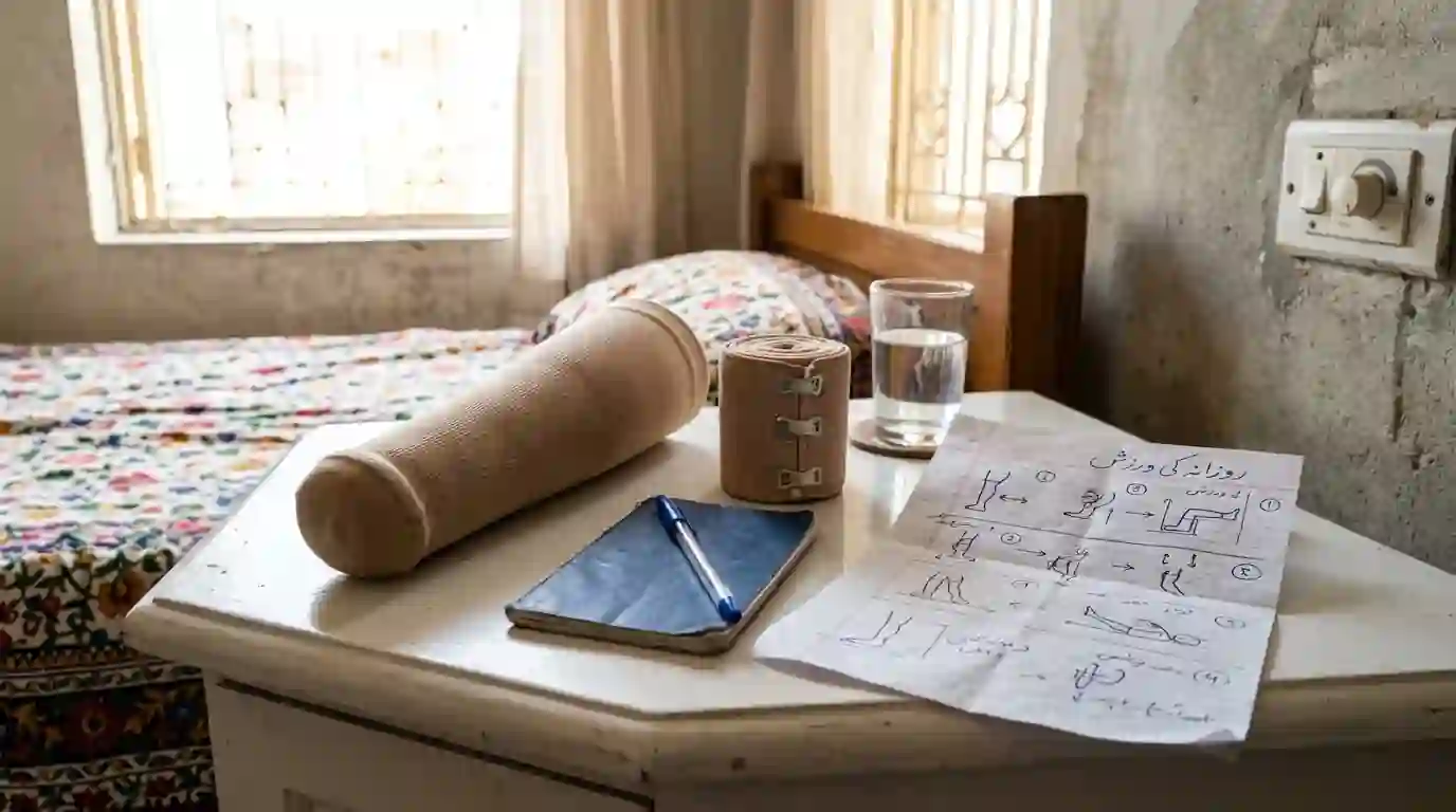 Stump shrinker, bandage and an exercise notebook on a bedside table