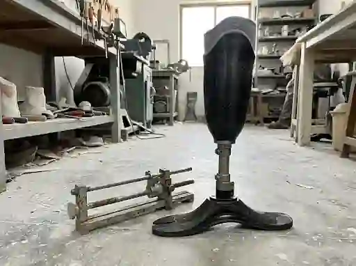 Below-knee prosthetic leg beside an alignment jig