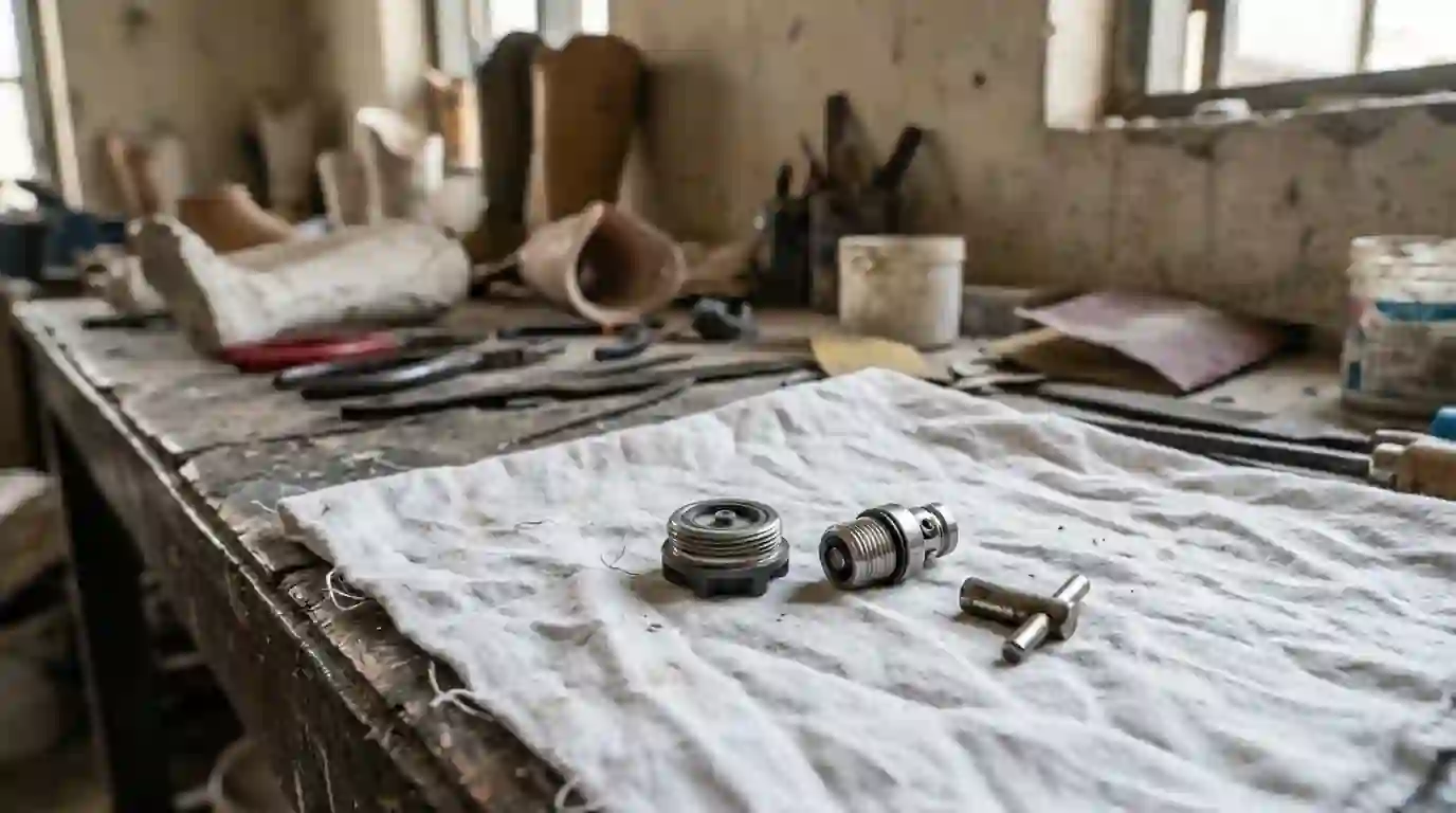 Suction valves and a valve key on a white cloth