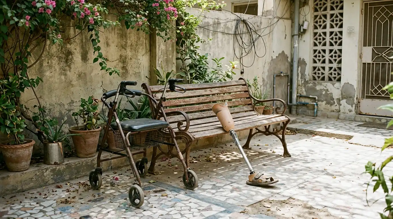 Wheeled walking frame beside a garden bench