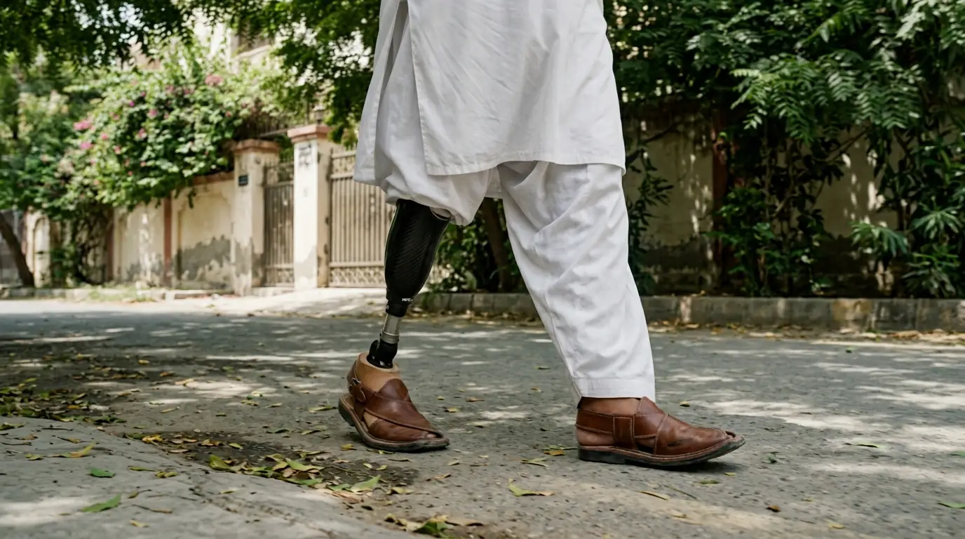 A man walking on a Karachi street with a below-knee prosthesis under his shalwar