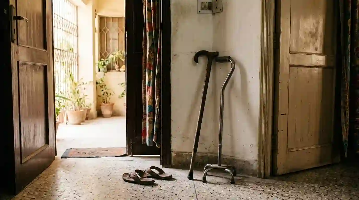 Walking stick and quad cane by a doorway