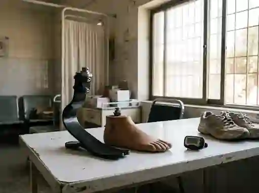Carbon foot beside a SACH foot with a pedometer and running shoes