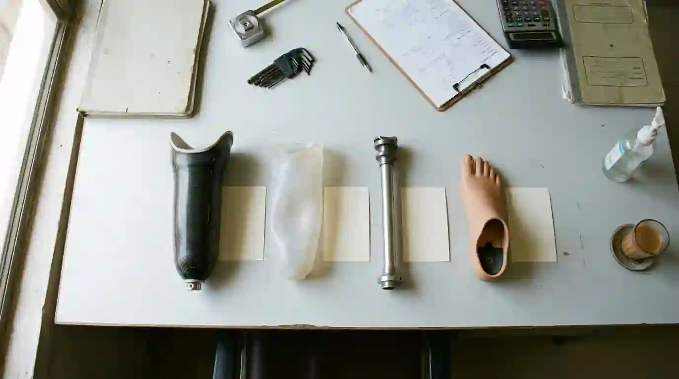Parts of a below-knee leg laid out in a row on a desk