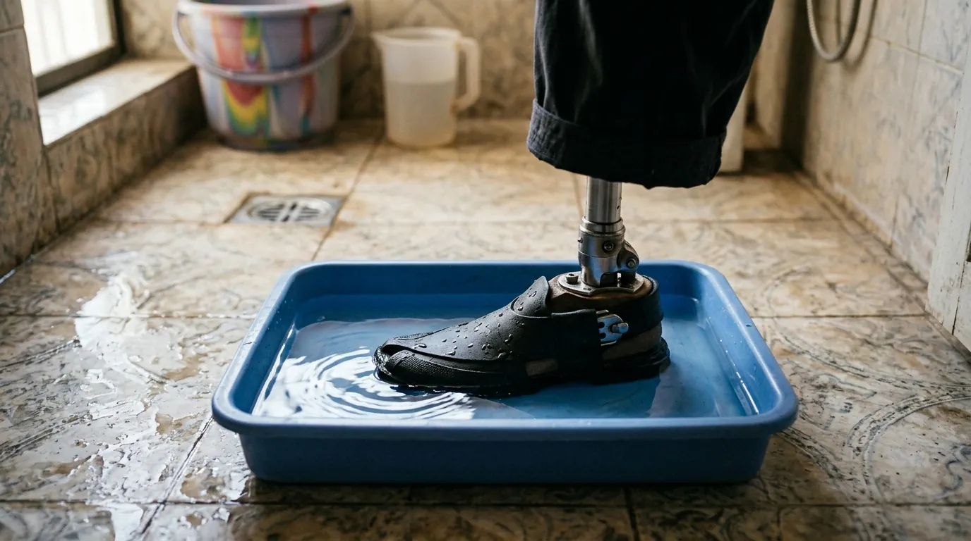 Waterproof prosthetic foot standing in a tray of water