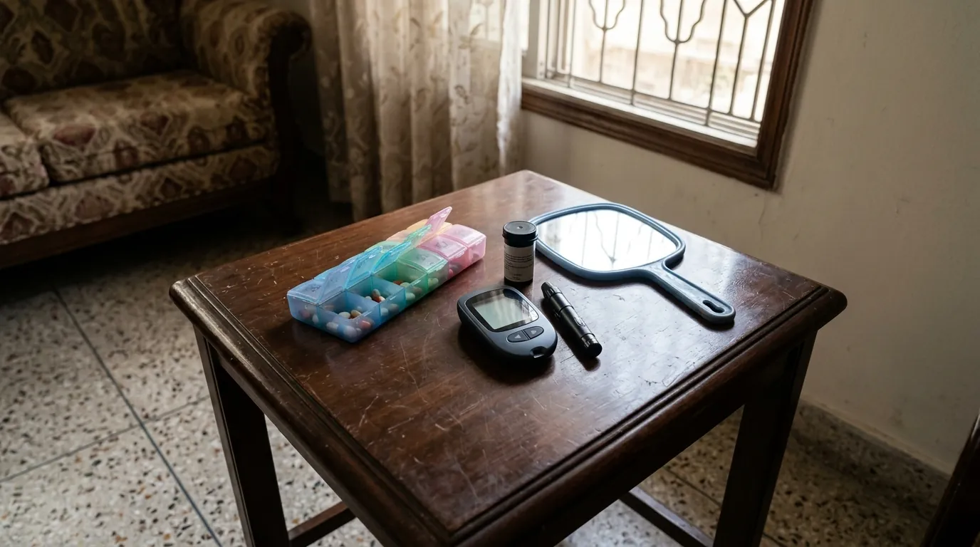 Pill organiser, glucose meter and a foot-check mirror on a table