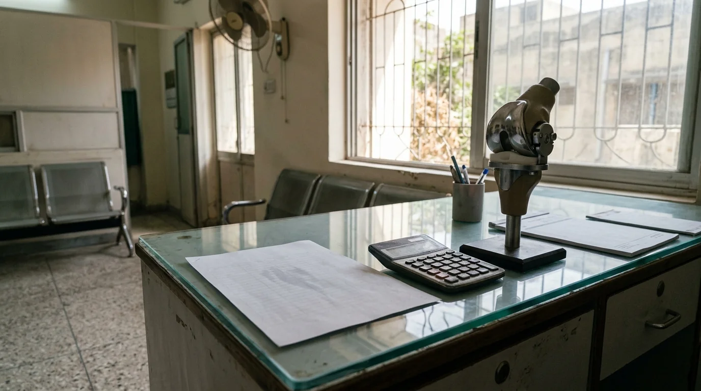 Clinic counter with a calculator and a knee joint