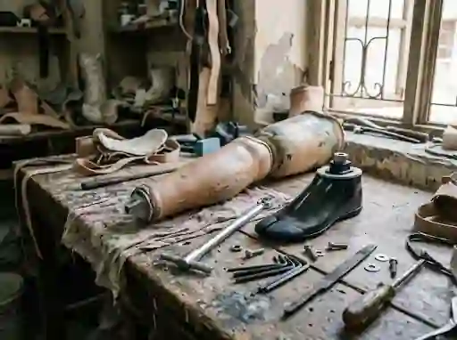 Older prosthetic leg on a repair bench with tools
