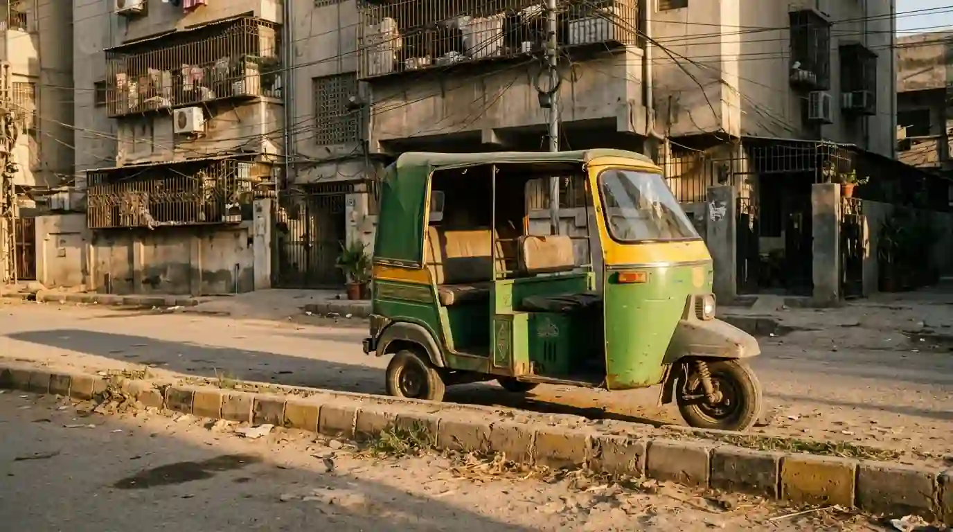 Auto rickshaw parked outside a residential building