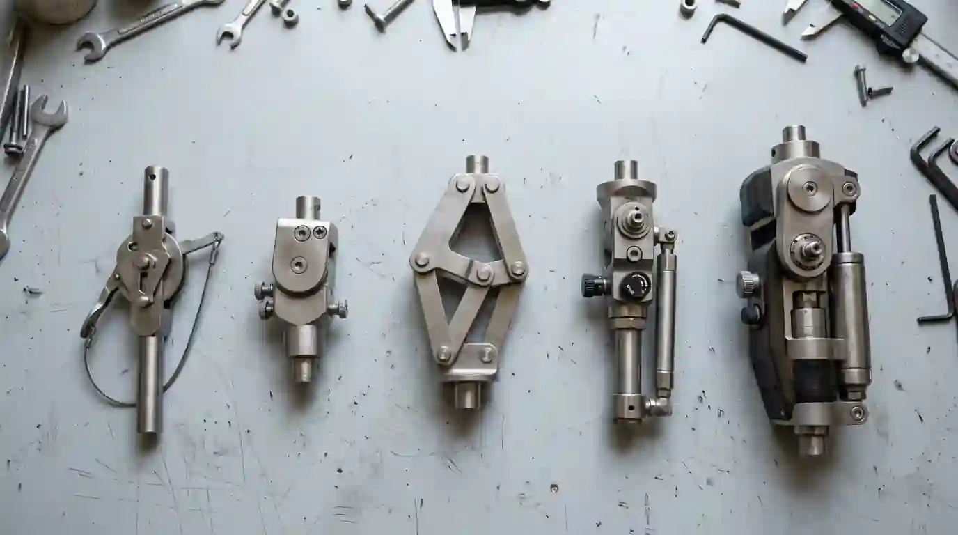 Five prosthetic knee joints lined up from simple to advanced
