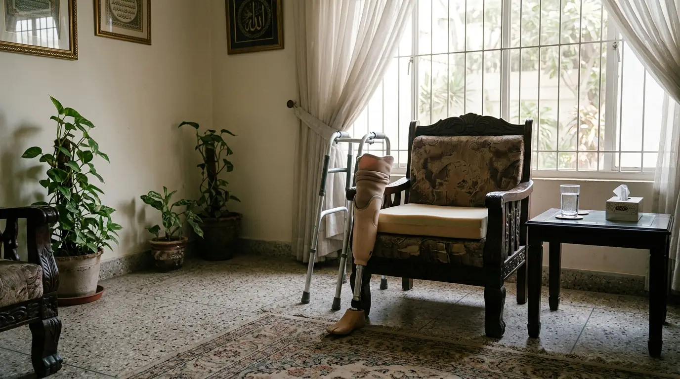 Light below-knee leg beside a firm armchair and a walking frame
