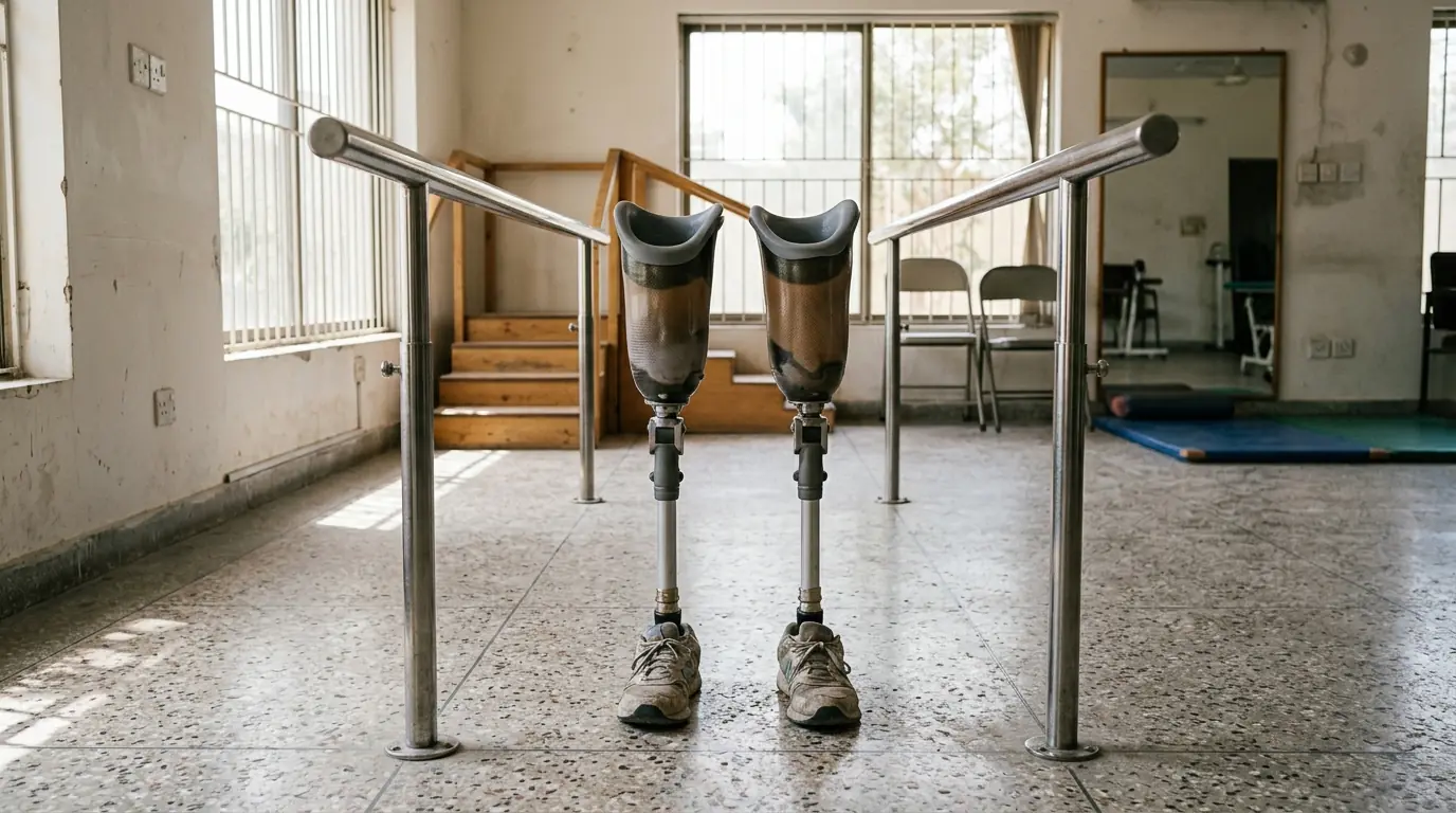 Two below-knee prosthetic legs between parallel bars
