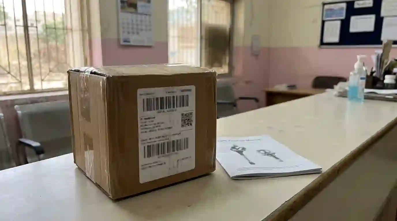 Boxed prosthetic knee with a serial number label