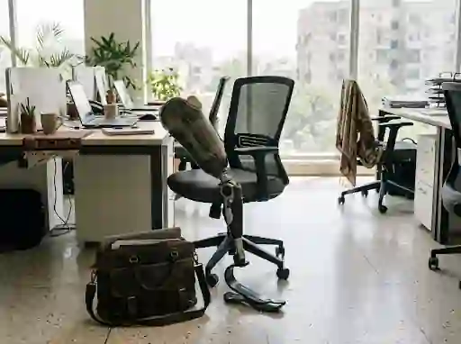 Prosthetic leg with a hydraulic knee beside an office chair