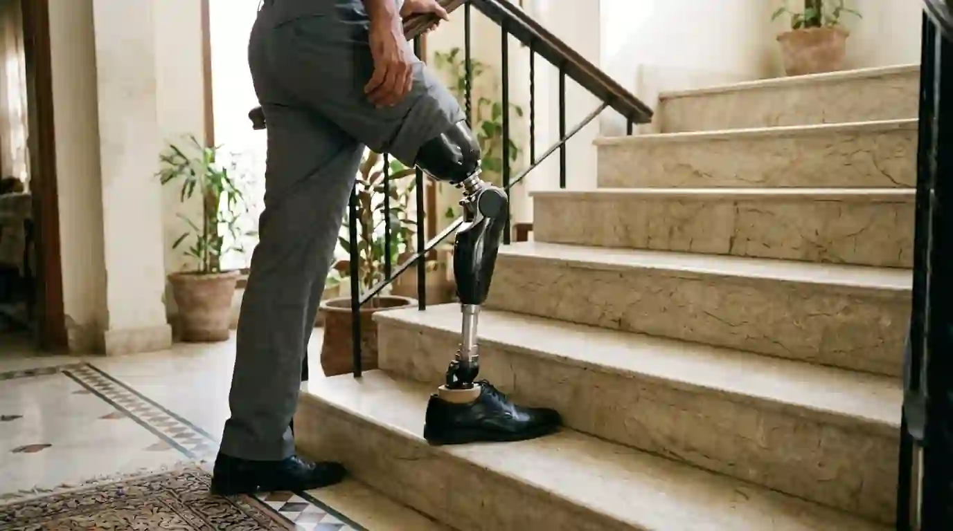 Man climbing stairs at home with an above-knee prosthesis