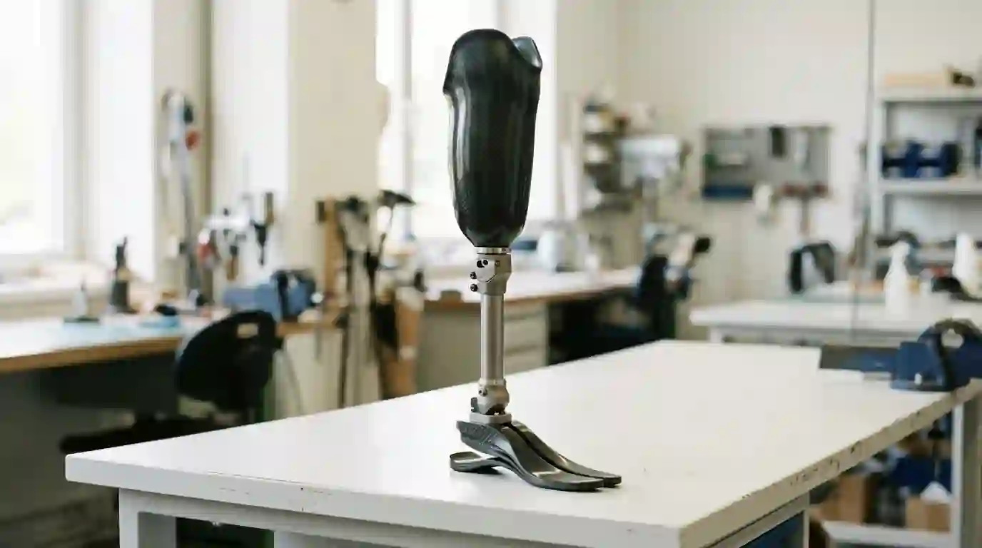 Below-knee prosthetic leg with a carbon socket on a clinic workbench