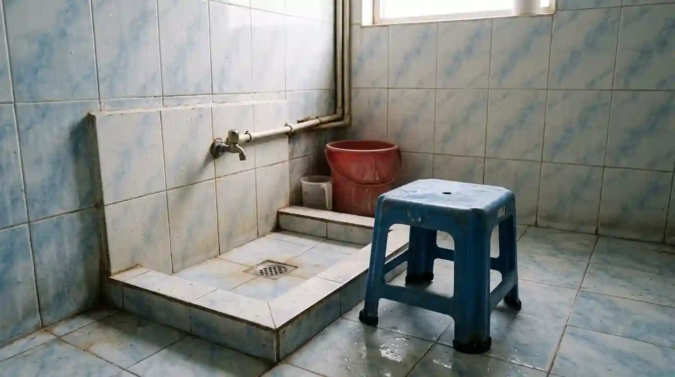Bathroom stool beside a low wudu tap